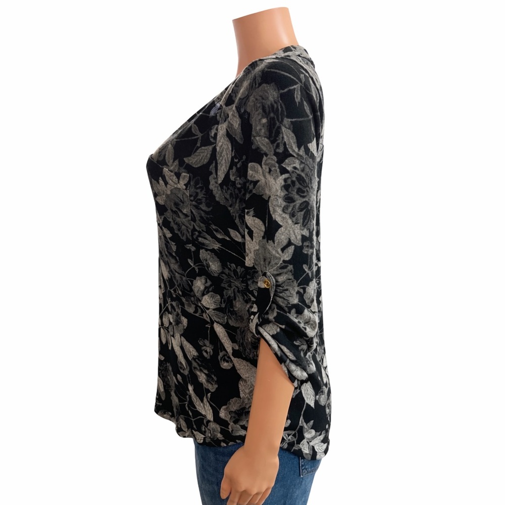 Blue Mood Black Gray Floral Zip V-Neck Blouse Roll Tab Sleeves Size Small - Picture 6 of 12
